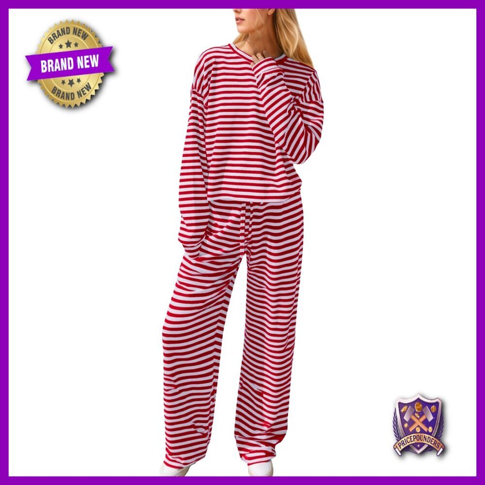 Striped Pajama Set Long Sleeve Tee Wide Leg Pants Lounge Wear Large